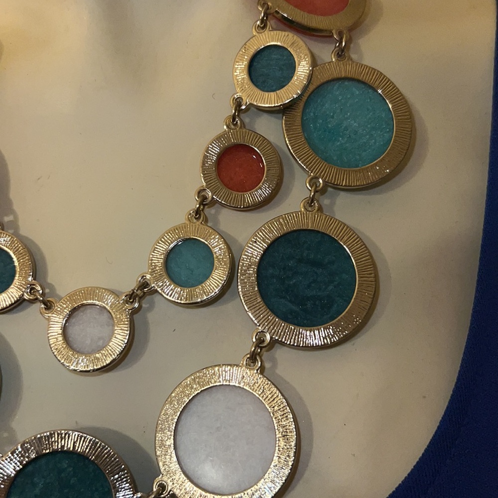 Beautiful Blue and Tangerine Gold-Tone Disk Necklace stamped C - Picture 2 of 7